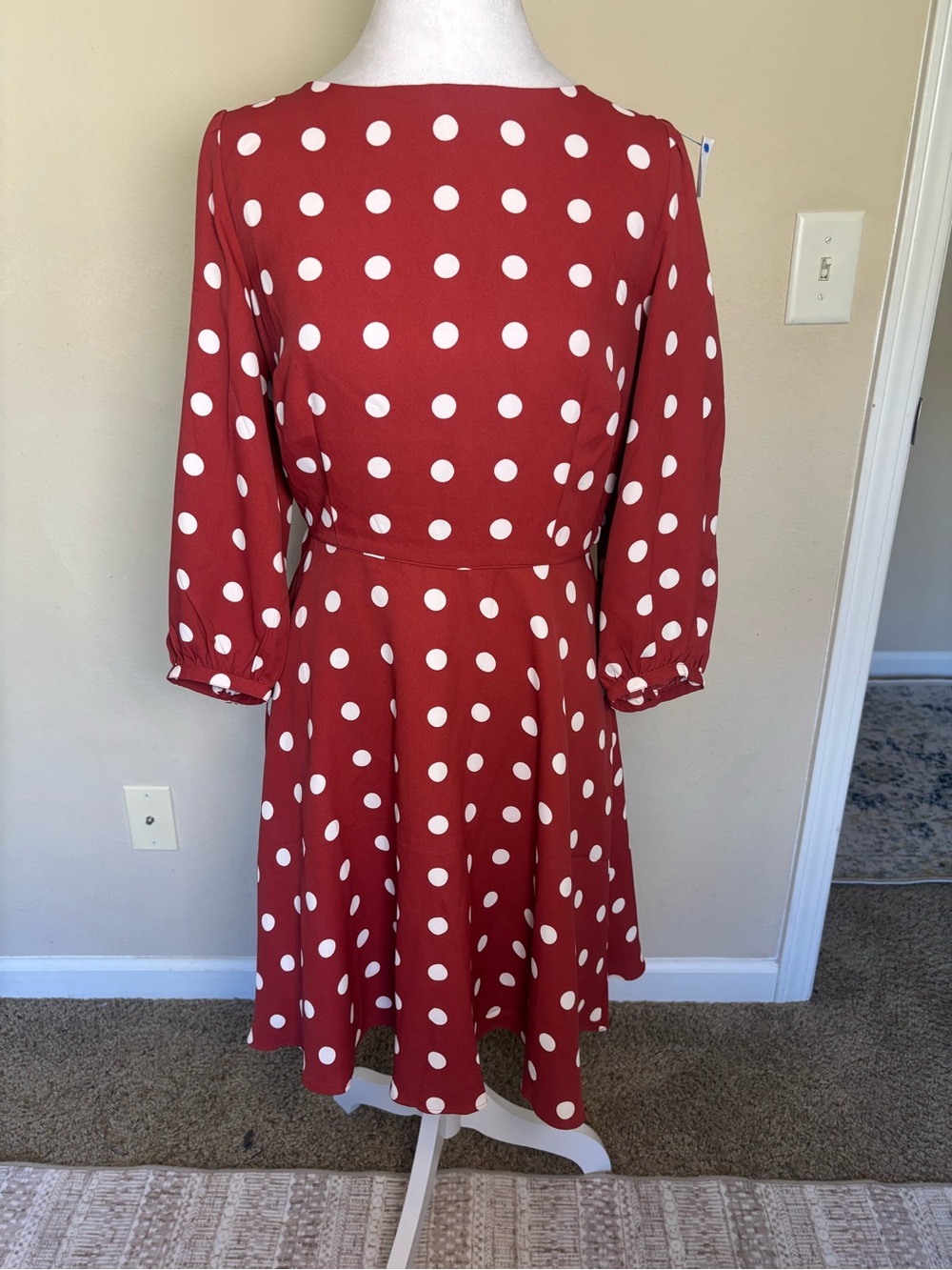 Ann Taylor Red White Polka Dot Fit & Flare Dress 2 Scoop Neck 3/4 Zip